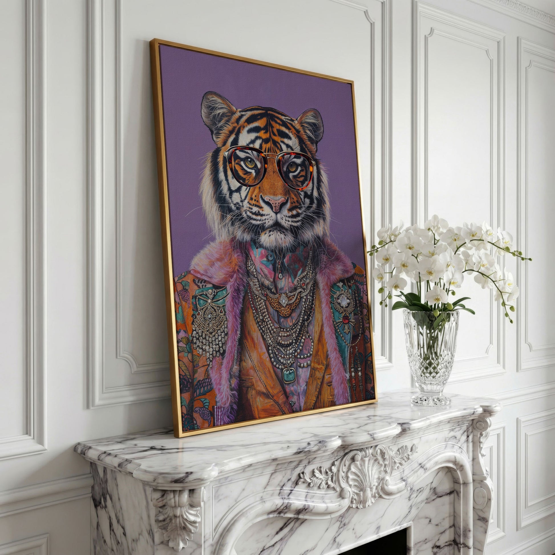 Quirky Tiger in Glasses Canvas Print in yellow gold floating frame