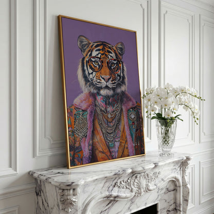 Quirky Tiger in Glasses Canvas Print in yellow gold floating frame