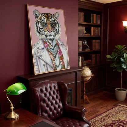 Tiger in Glasses and Jacket Canvas Print in antique gold floating frame
