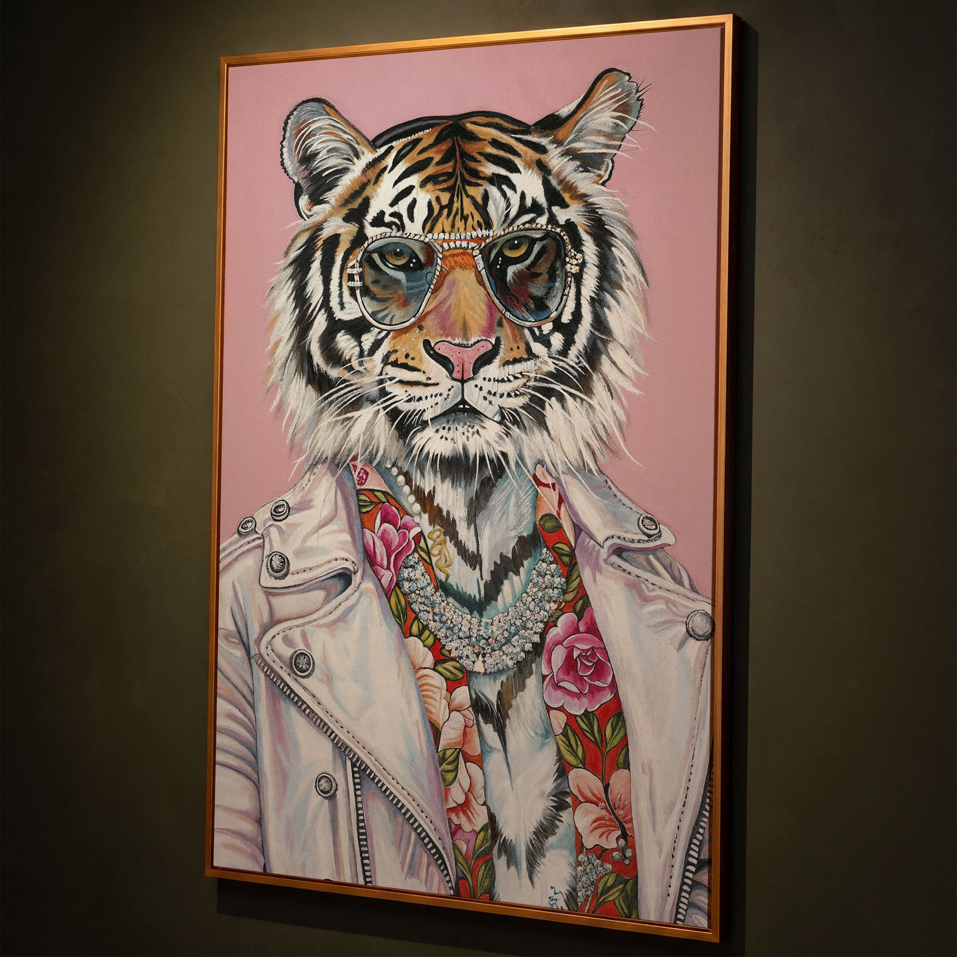 Tiger in Glasses and Jacket Canvas Print shown in antique gold floating frame