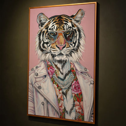 Tiger in Glasses and Jacket Canvas Print shown in antique gold floating frame