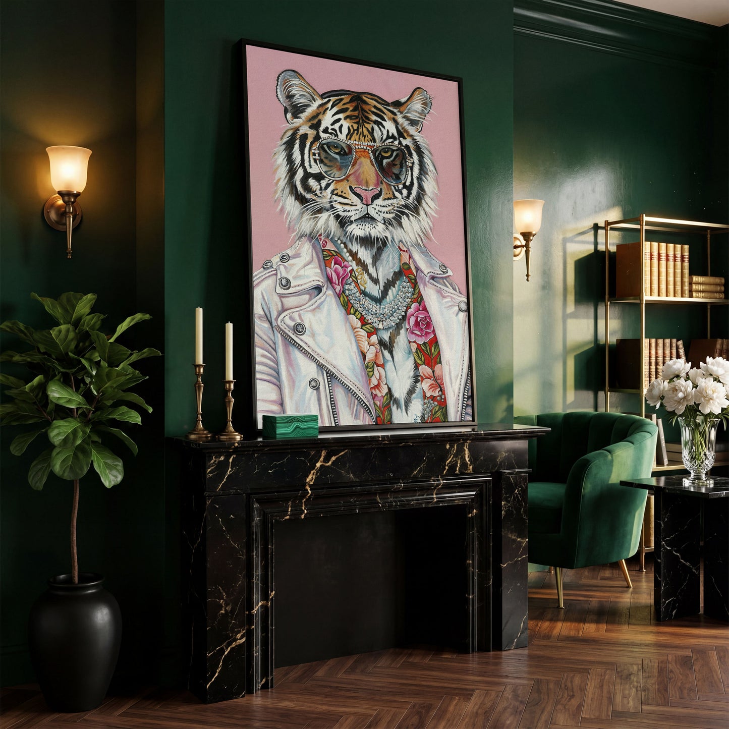 Tiger in Glasses and Jacket Canvas Print in black floating frame