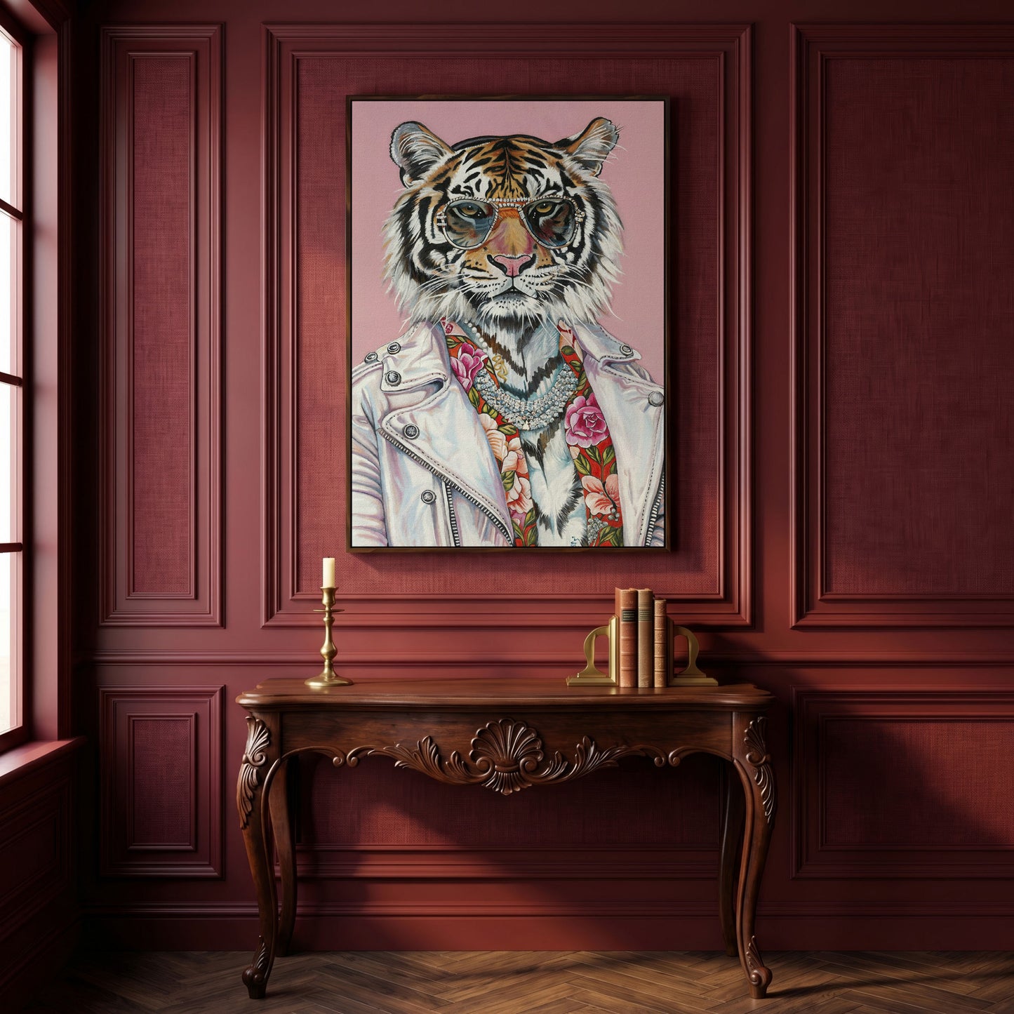 Tiger in Glasses and Jacket Canvas Print in dark walnut floating frame