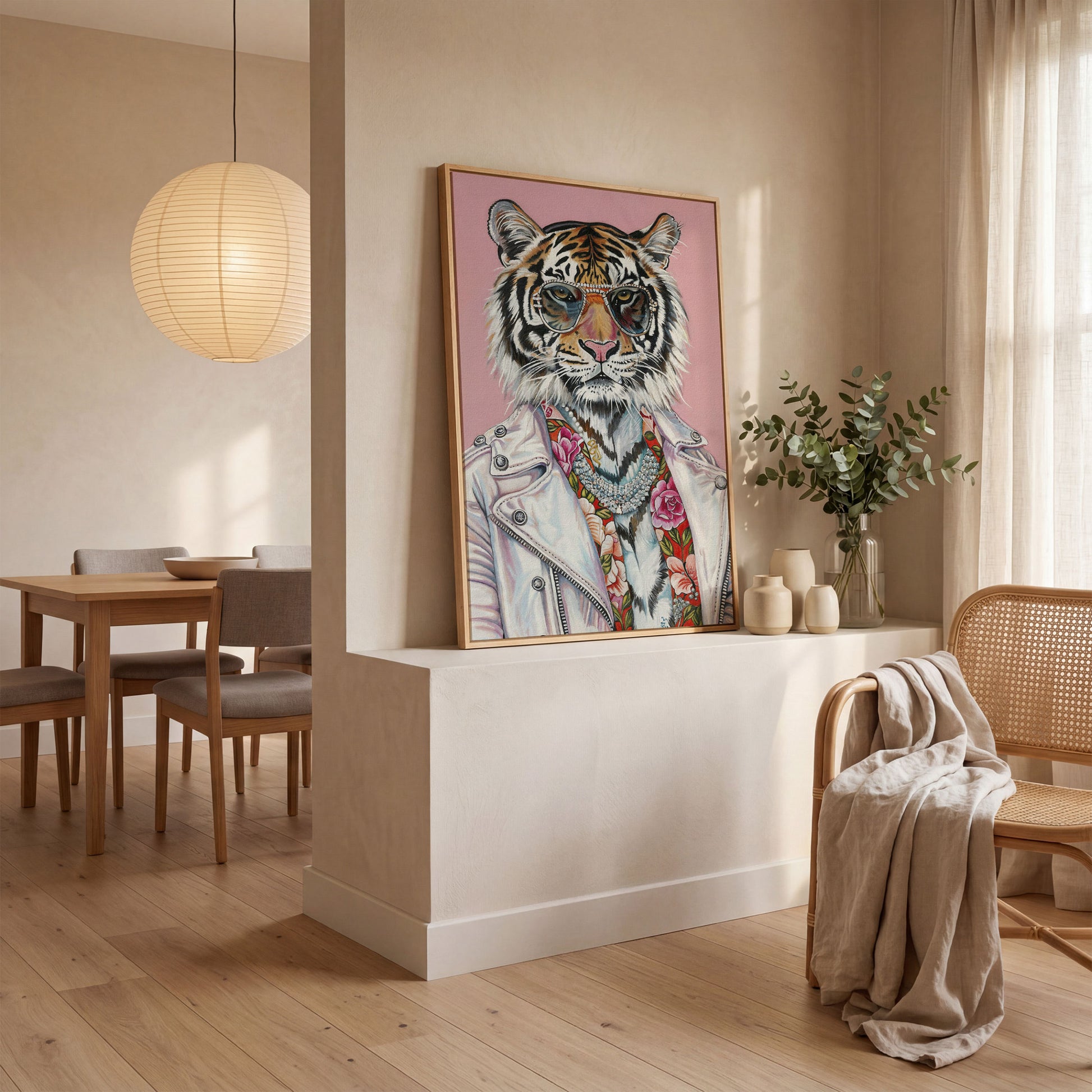 Tiger in Glasses and Jacket Canvas Print in white oak floating frame