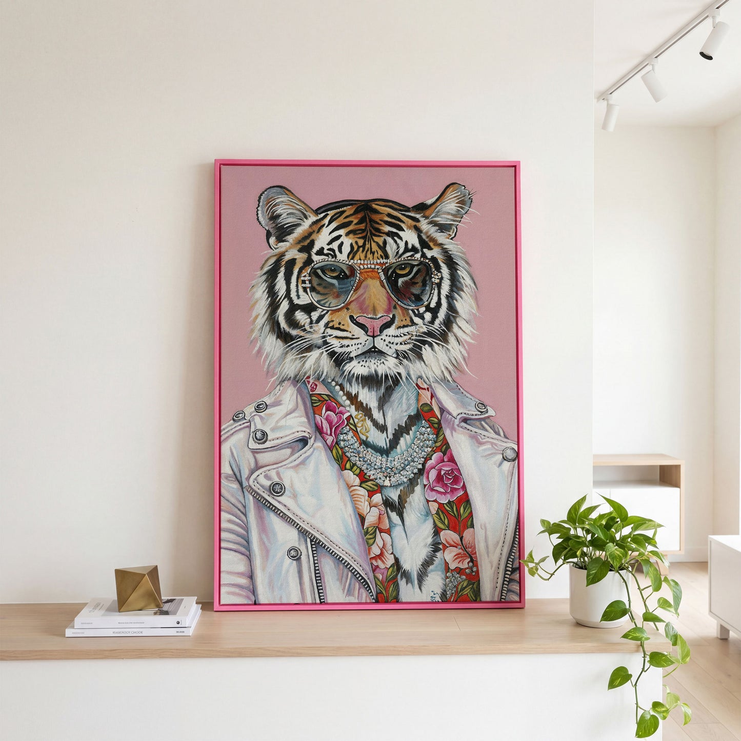 Tiger in Glasses and Jacket Canvas Print in pink floating frame