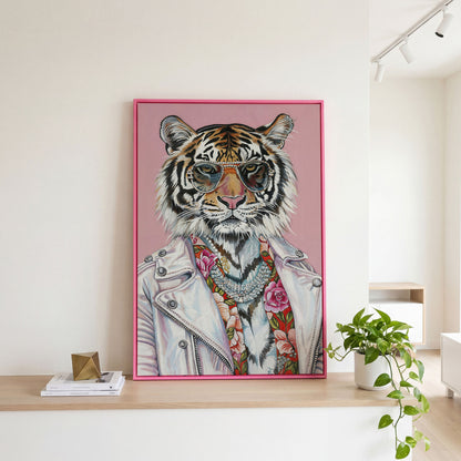 Tiger in Glasses and Jacket Canvas Print in pink floating frame