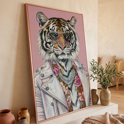 Tiger in Glasses and Jacket Canvas Print in rose gold floating frame