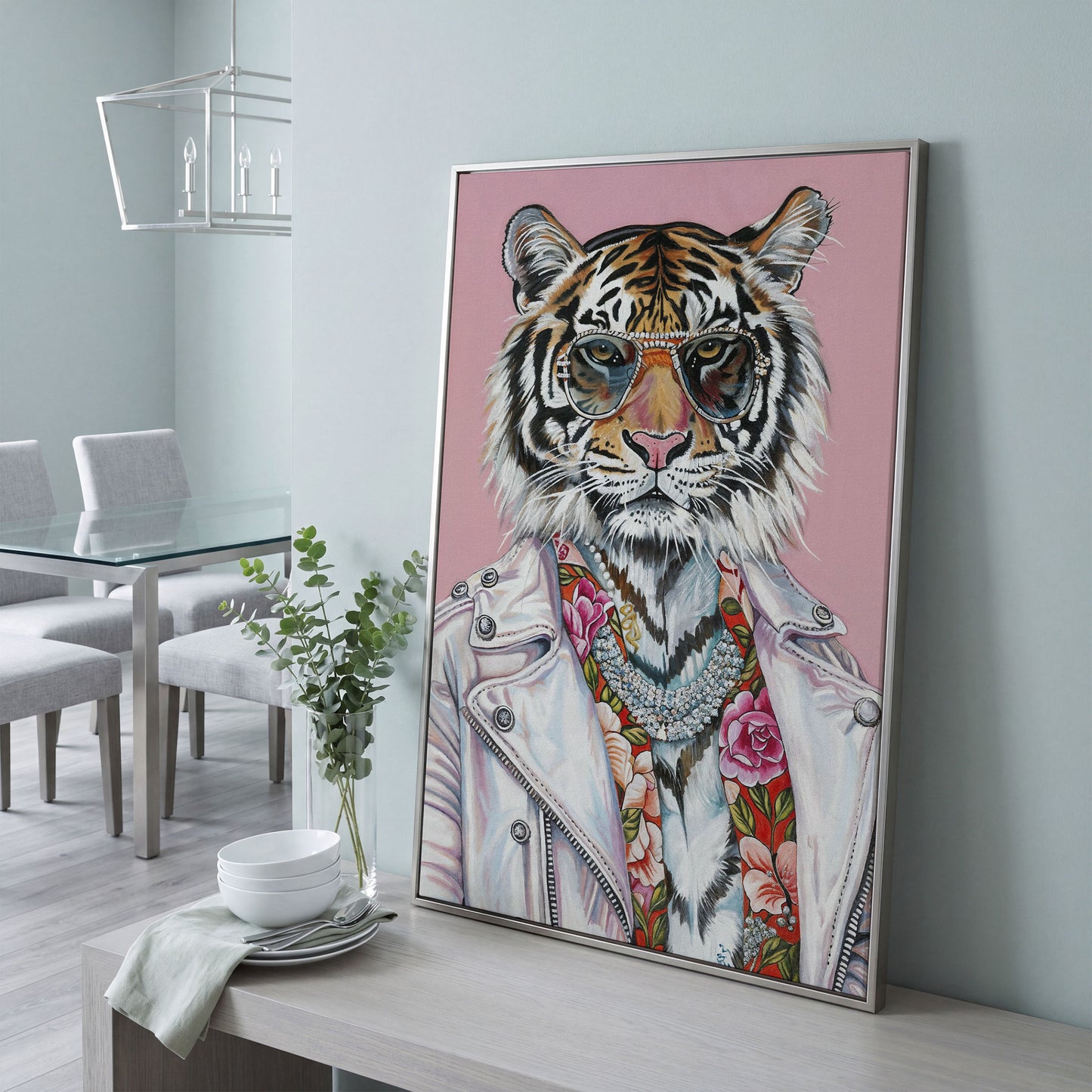 Tiger in Glasses and Jacket Canvas Print in silver floating frame