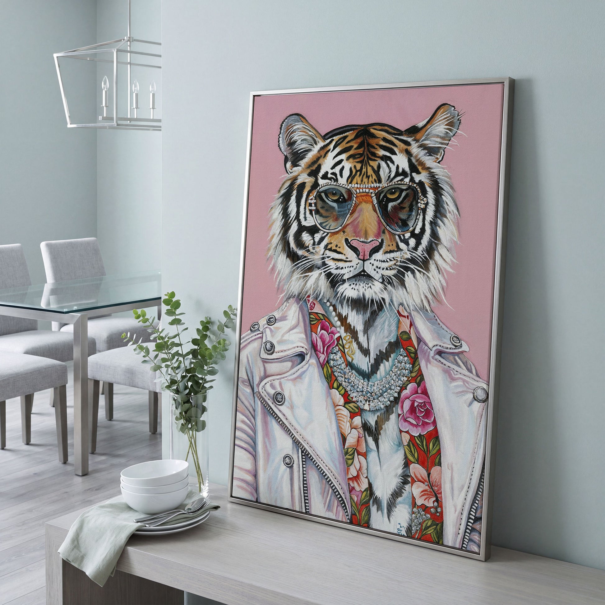 Tiger in Glasses and Jacket Canvas Print in silver floating frame