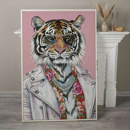 Tiger in Glasses and Jacket Canvas Print in white floating frame