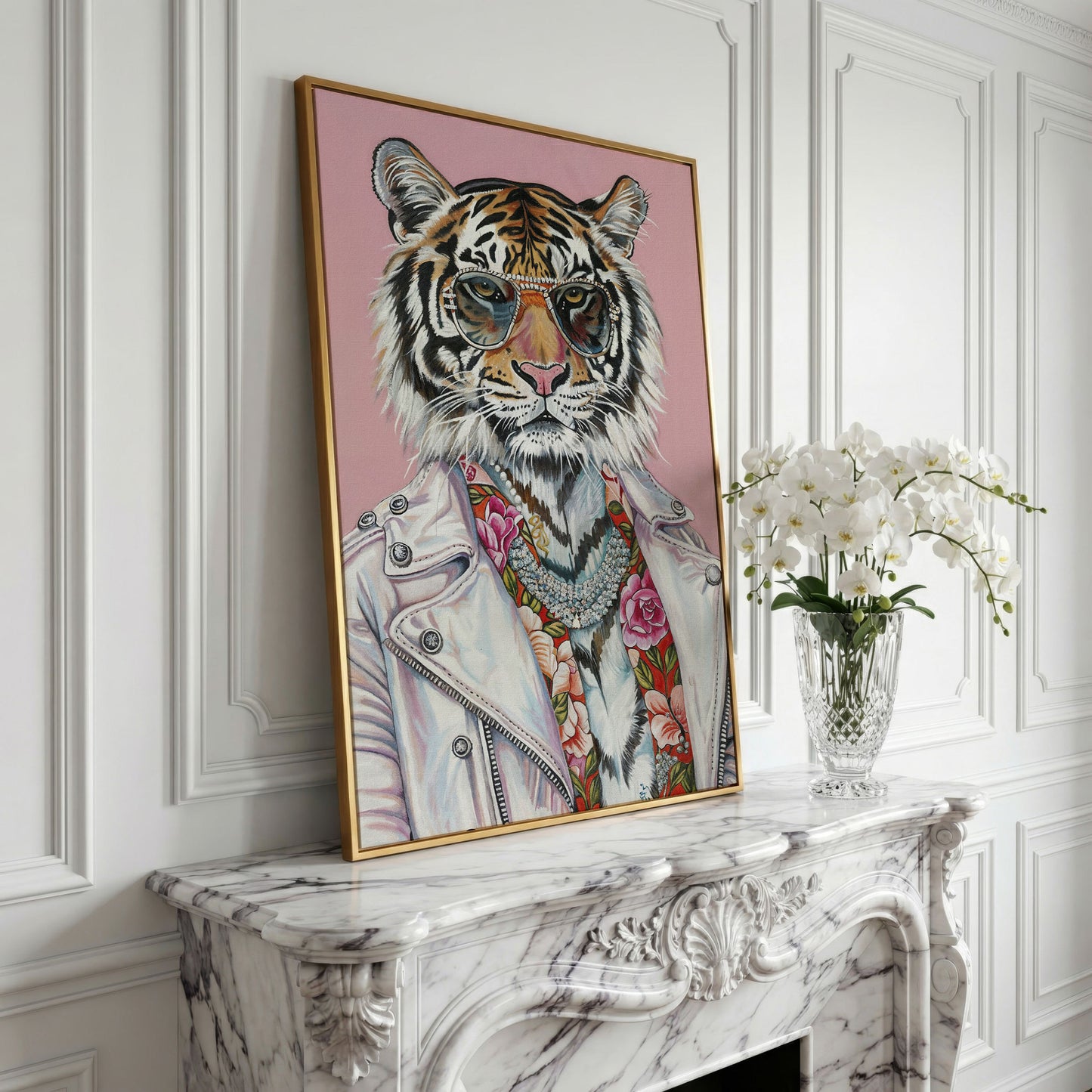 Tiger in Glasses and Jacket Canvas Print in yellow gold floating frame