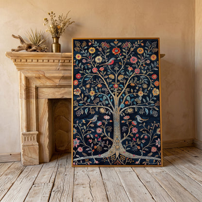 Floral Tree of Life with Birds Canvas Print in antique gold floating frame