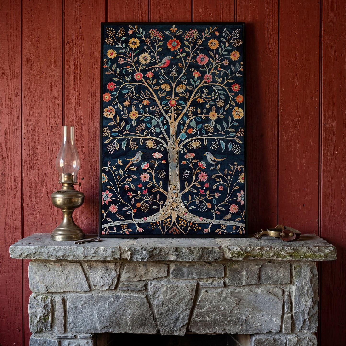 Floral Tree of Life with Birds Canvas Print in black floating frame
