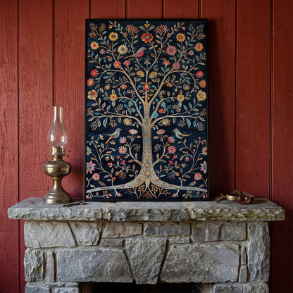 Floral Tree of Life with Birds Canvas Print in black floating frame
