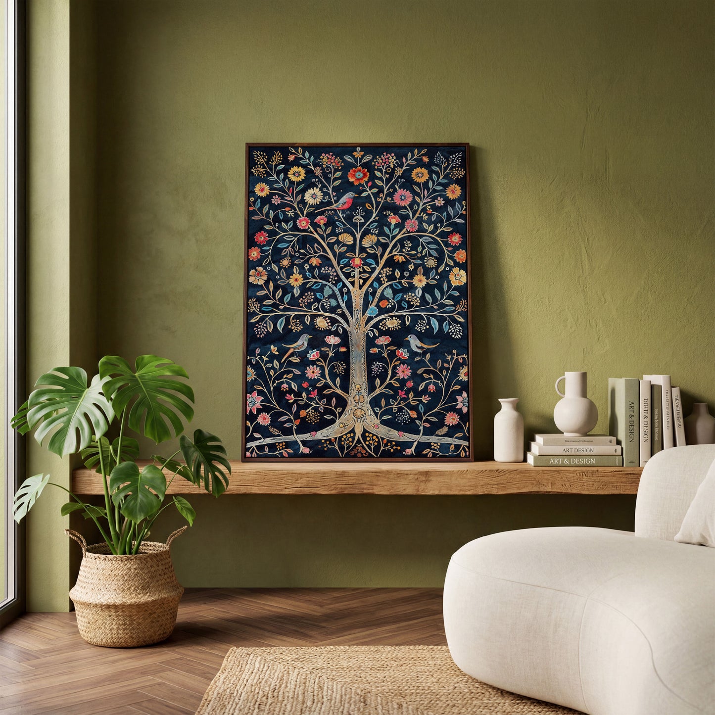 Floral Tree of Life with Birds Canvas Print in dark walnut floating frame
