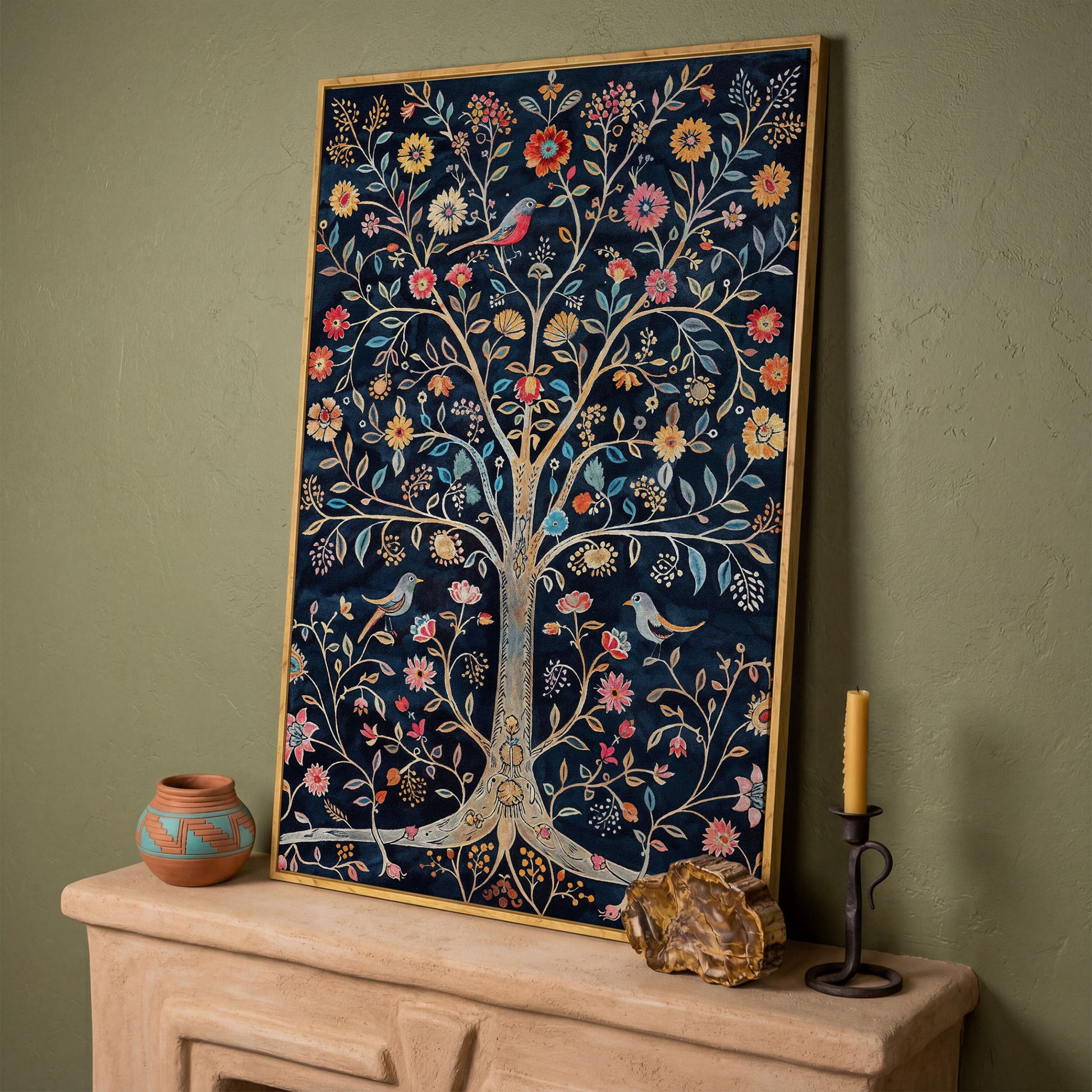 Floral Tree of Life with Birds Canvas Print in white oak floating frame