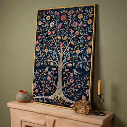 Floral Tree of Life with Birds Canvas Print in white oak floating frame