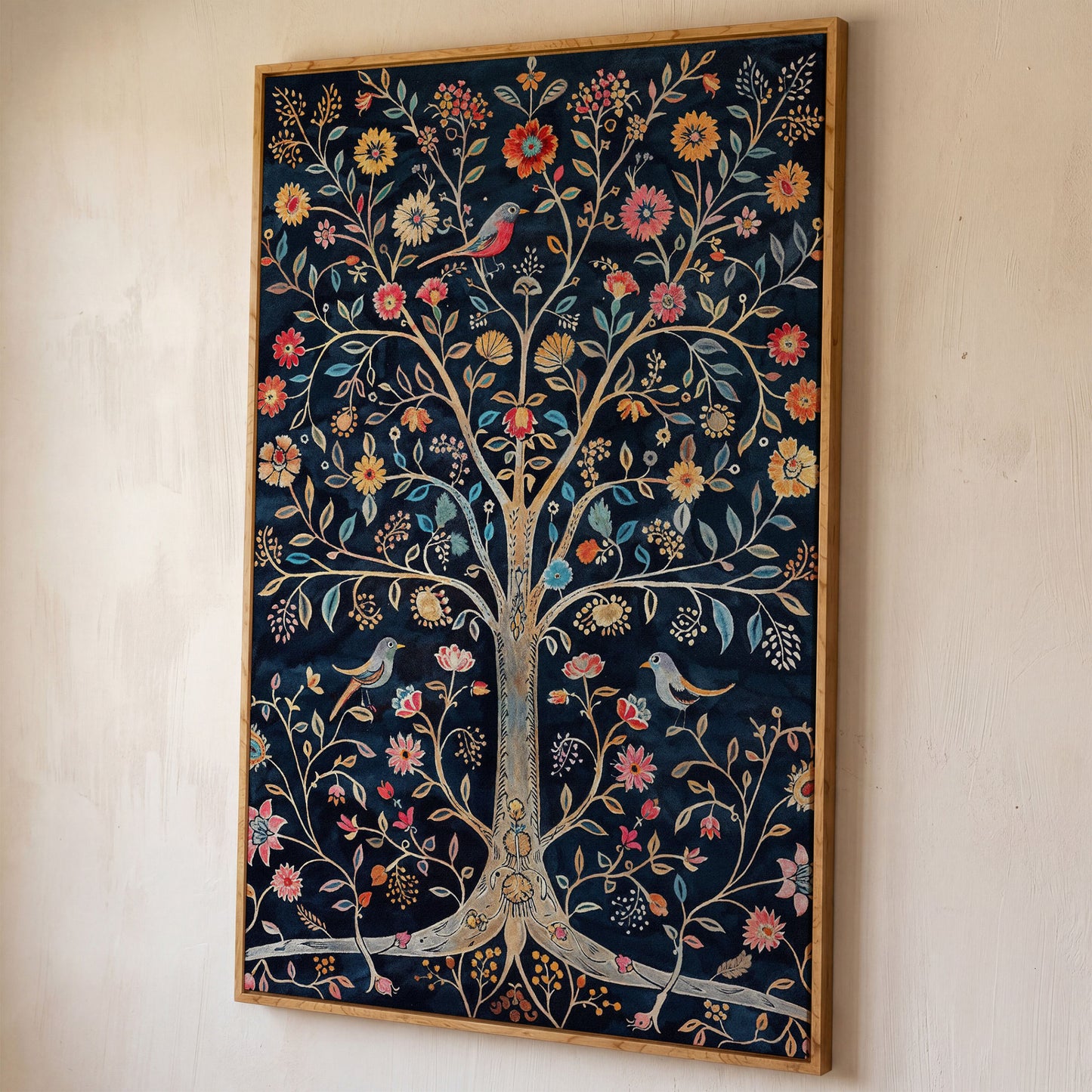 Floral Tree of Life with Birds Canvas Print shown in white oak floating frame