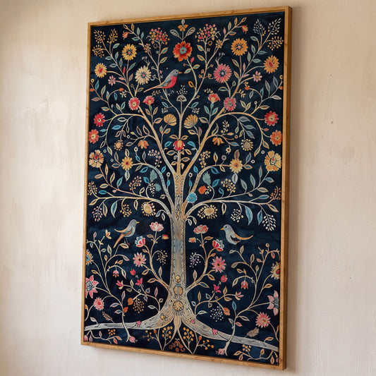Floral Tree of Life with Birds Canvas Print shown in white oak floating frame