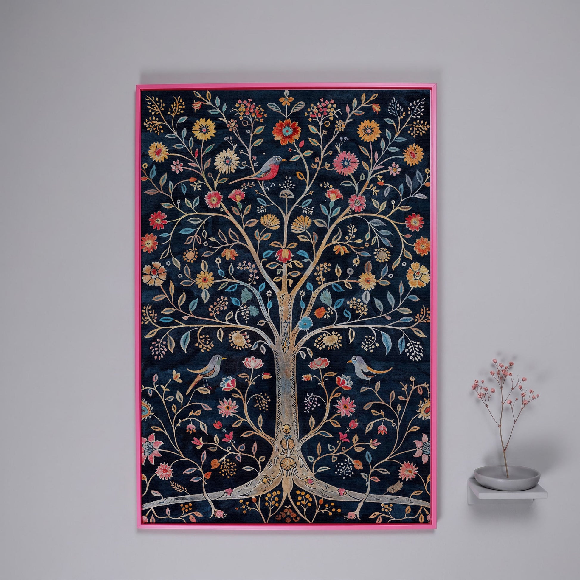Floral Tree of Life with Birds Canvas Print in pink floating frame
