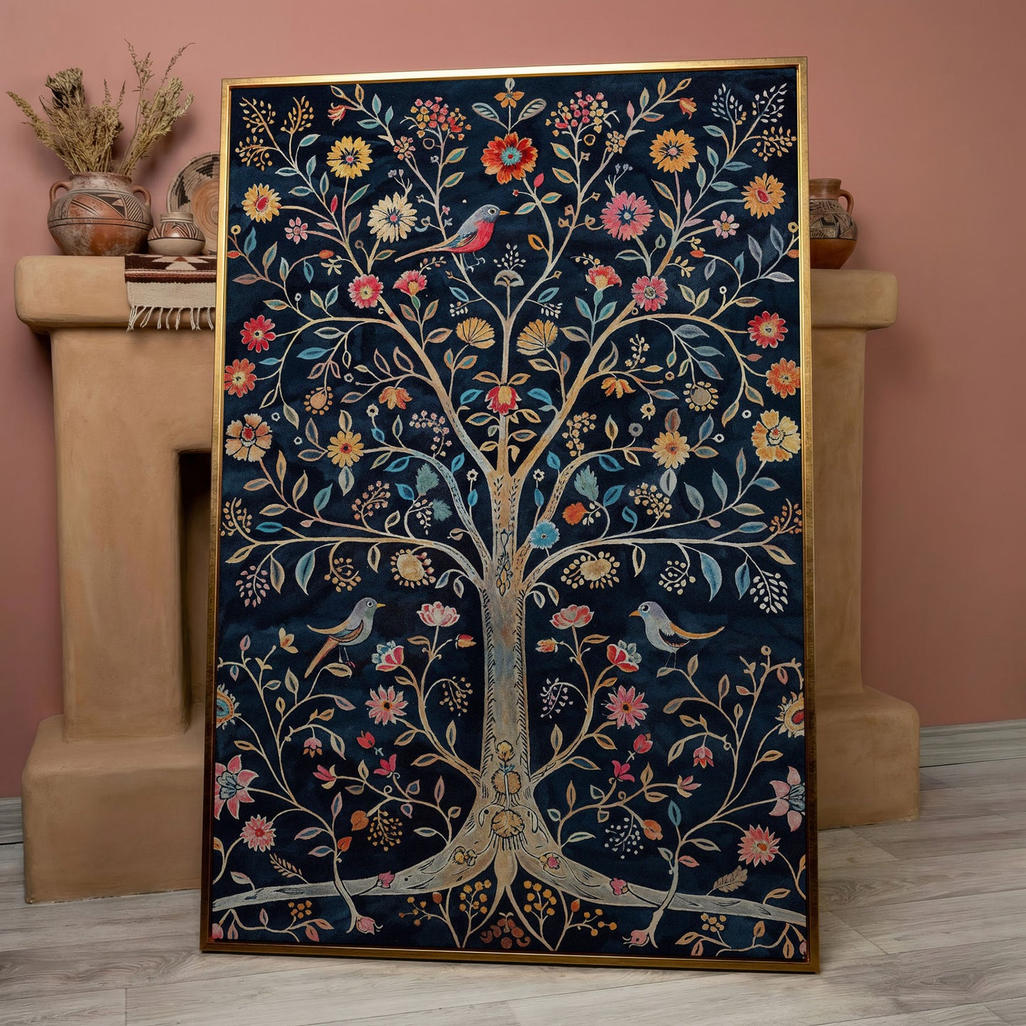 Floral Tree of Life with Birds Canvas Print in rose gold floating frame