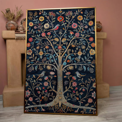 Floral Tree of Life with Birds Canvas Print in rose gold floating frame