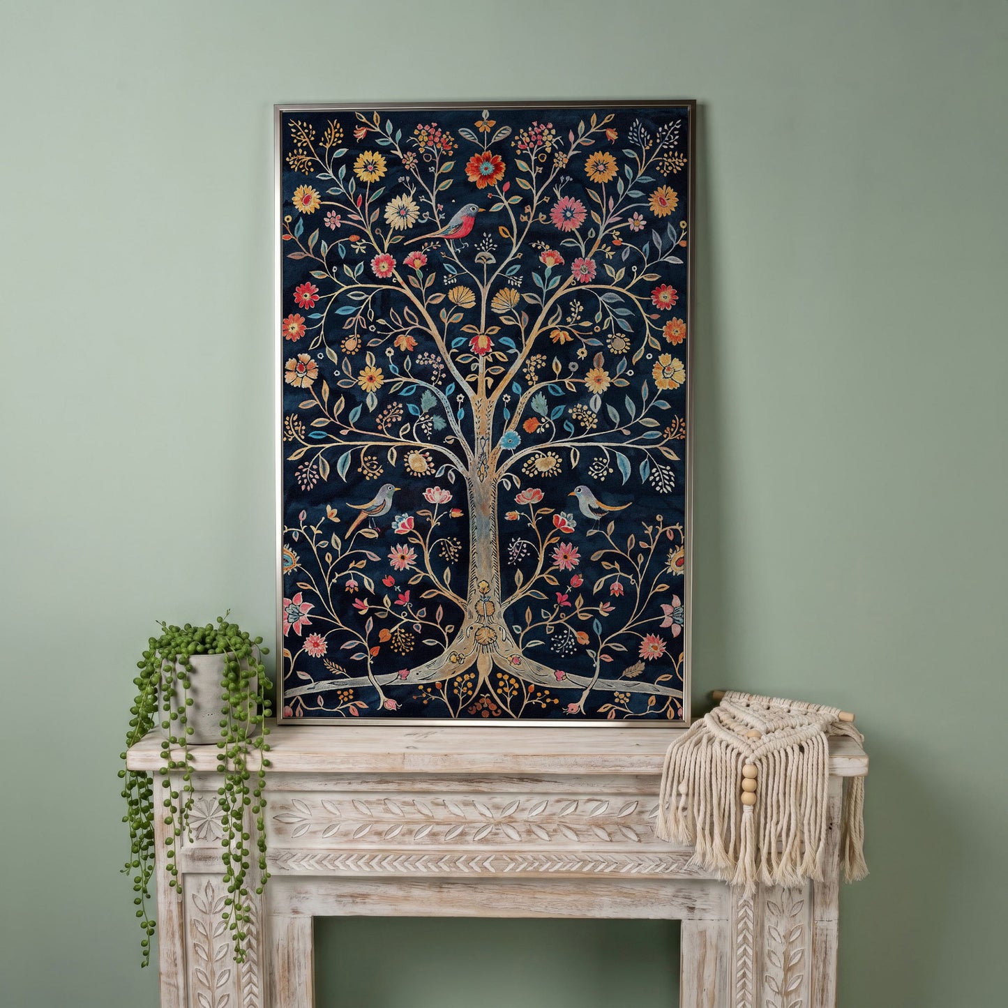 Floral Tree of Life with Birds Canvas Print in silver floating frame