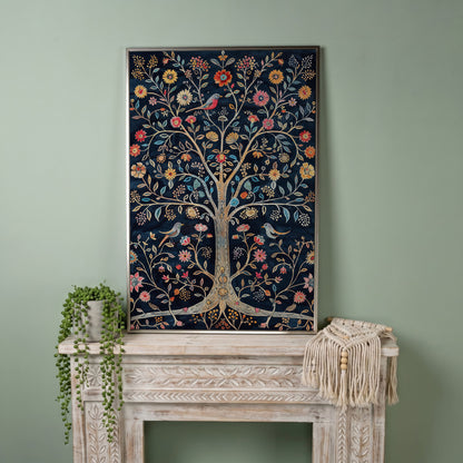 Floral Tree of Life with Birds Canvas Print in silver floating frame