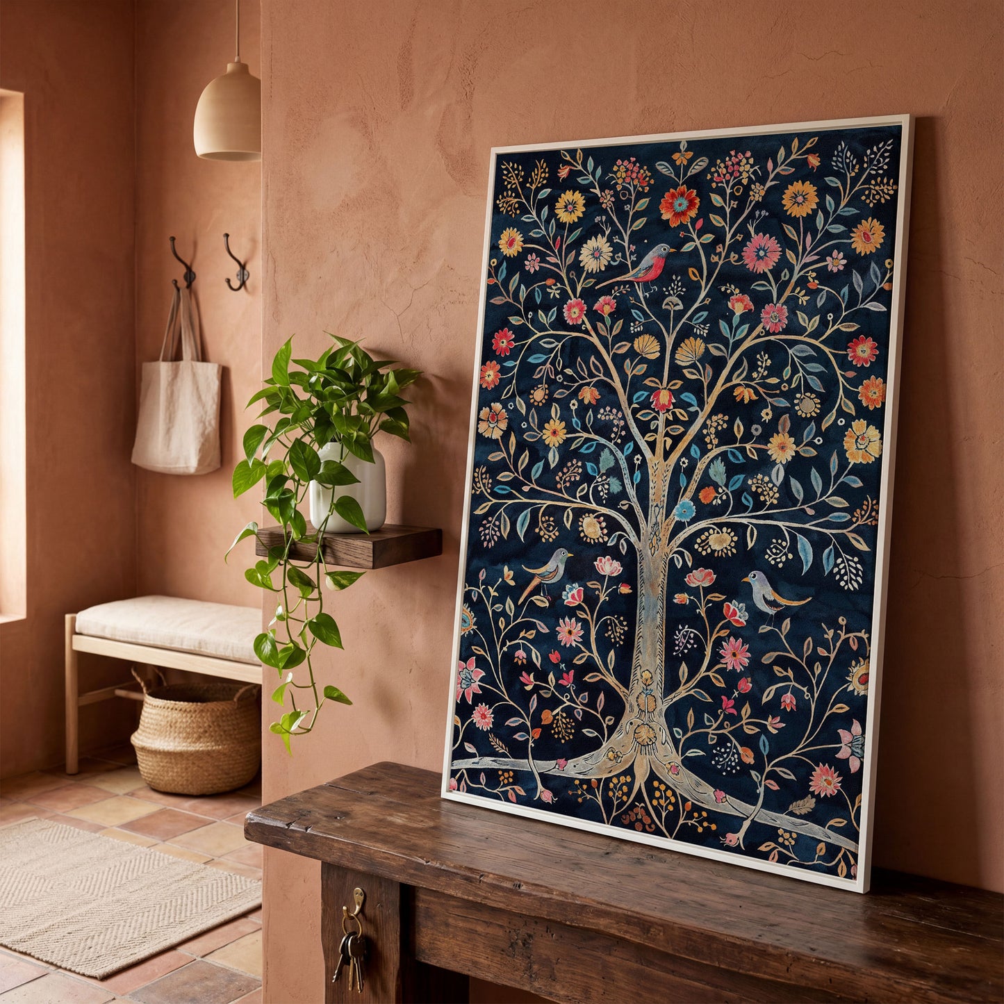 Floral Tree of Life with Birds Canvas Print in white floating frame