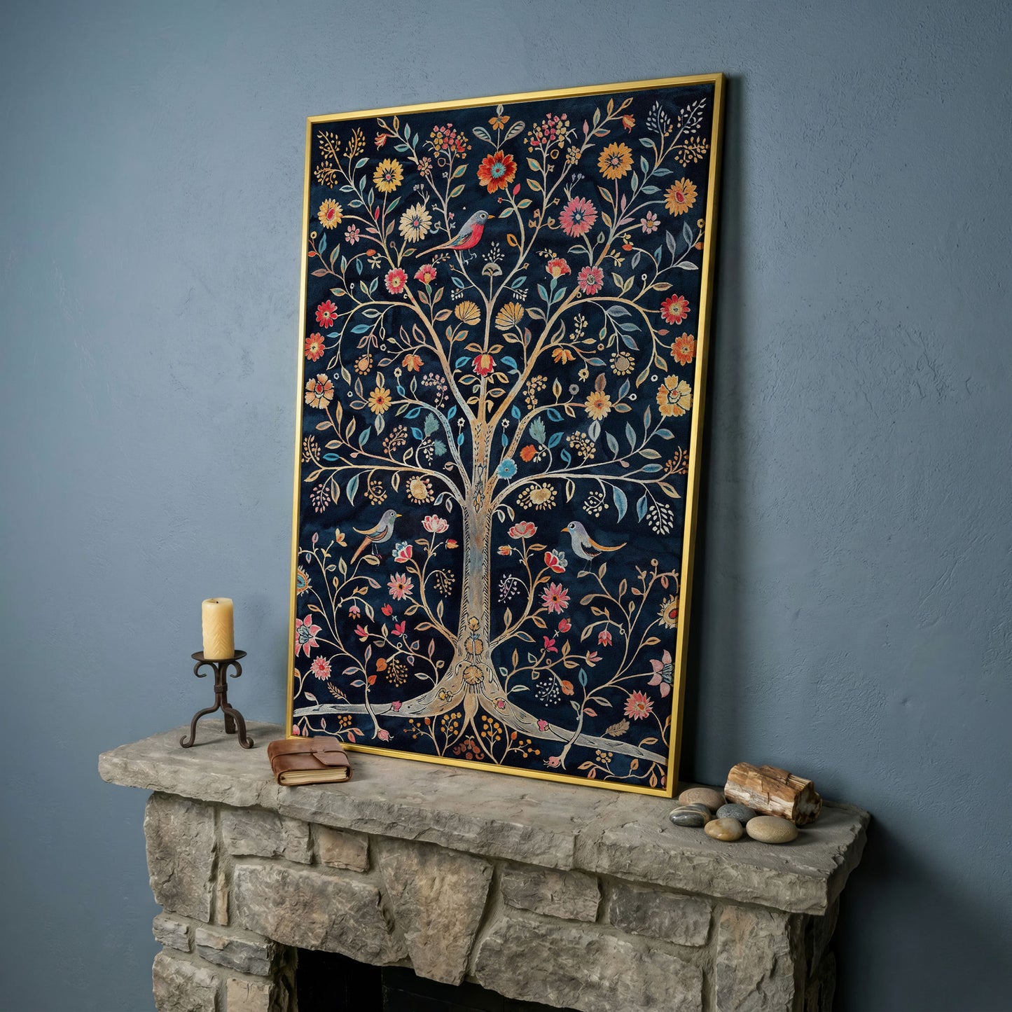 Floral Tree of Life with Birds Canvas Print in yellow gold floating frame