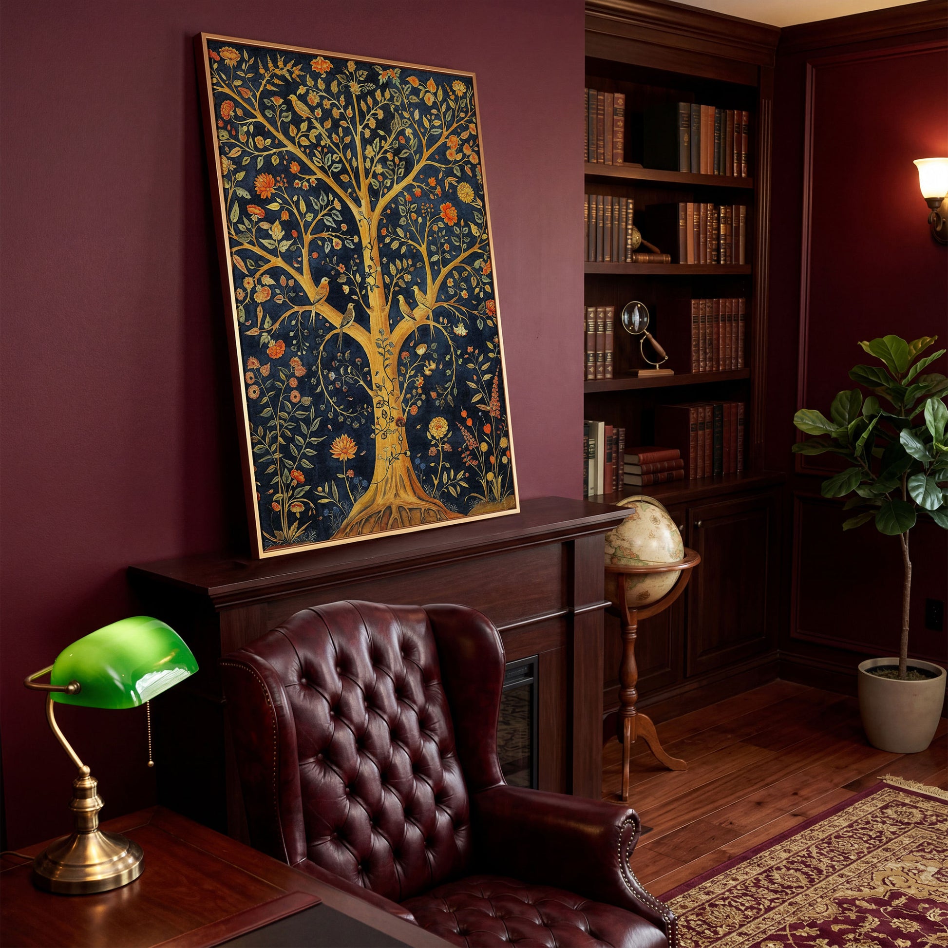 Tree of Life with Birds Canvas in antique gold floating frame