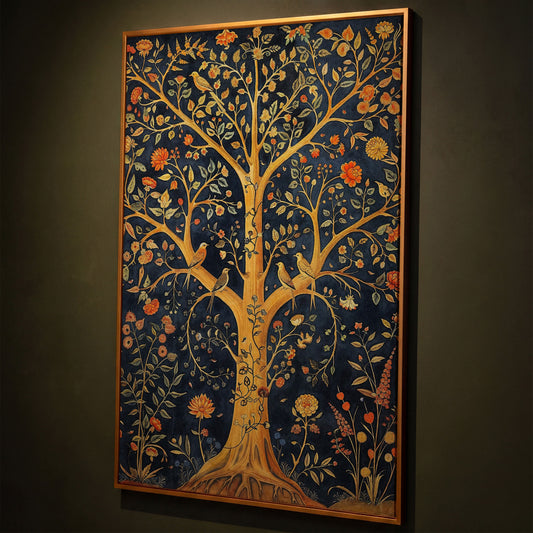 Tree of Life with Birds Canvas shown in antique gold floating frame