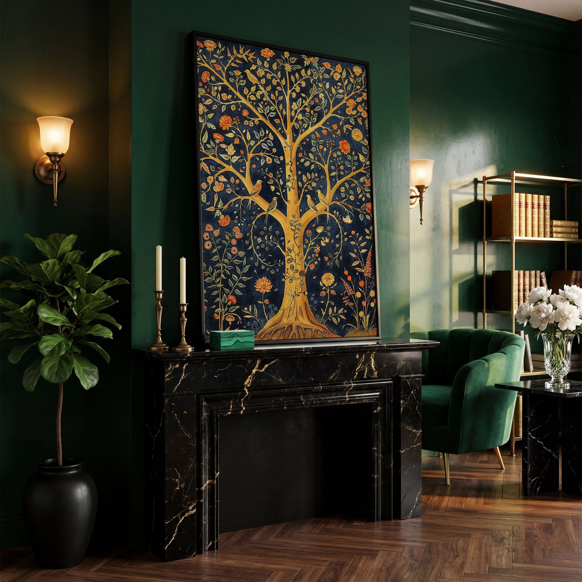 Tree of Life with Birds Canvas in black floating frame
