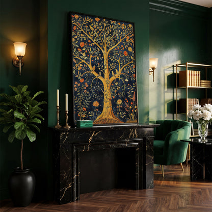 Tree of Life with Birds Canvas in black floating frame