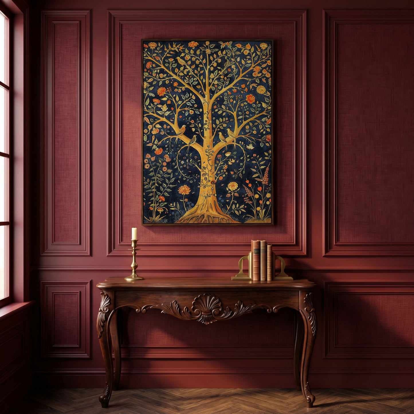 Tree of Life with Birds Canvas in dark walnut floating frame