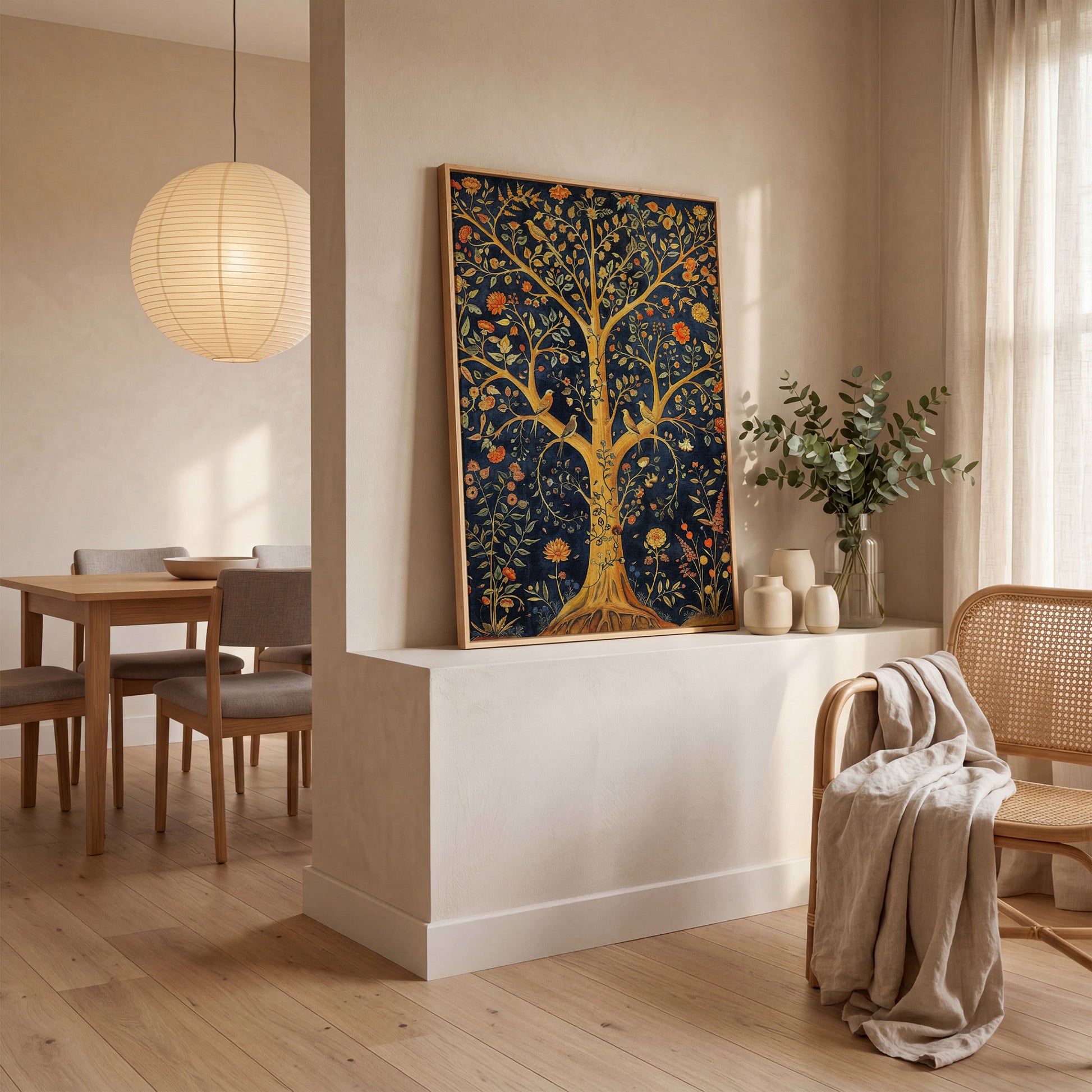 Tree of Life with Birds Canvas in white oak floating frame