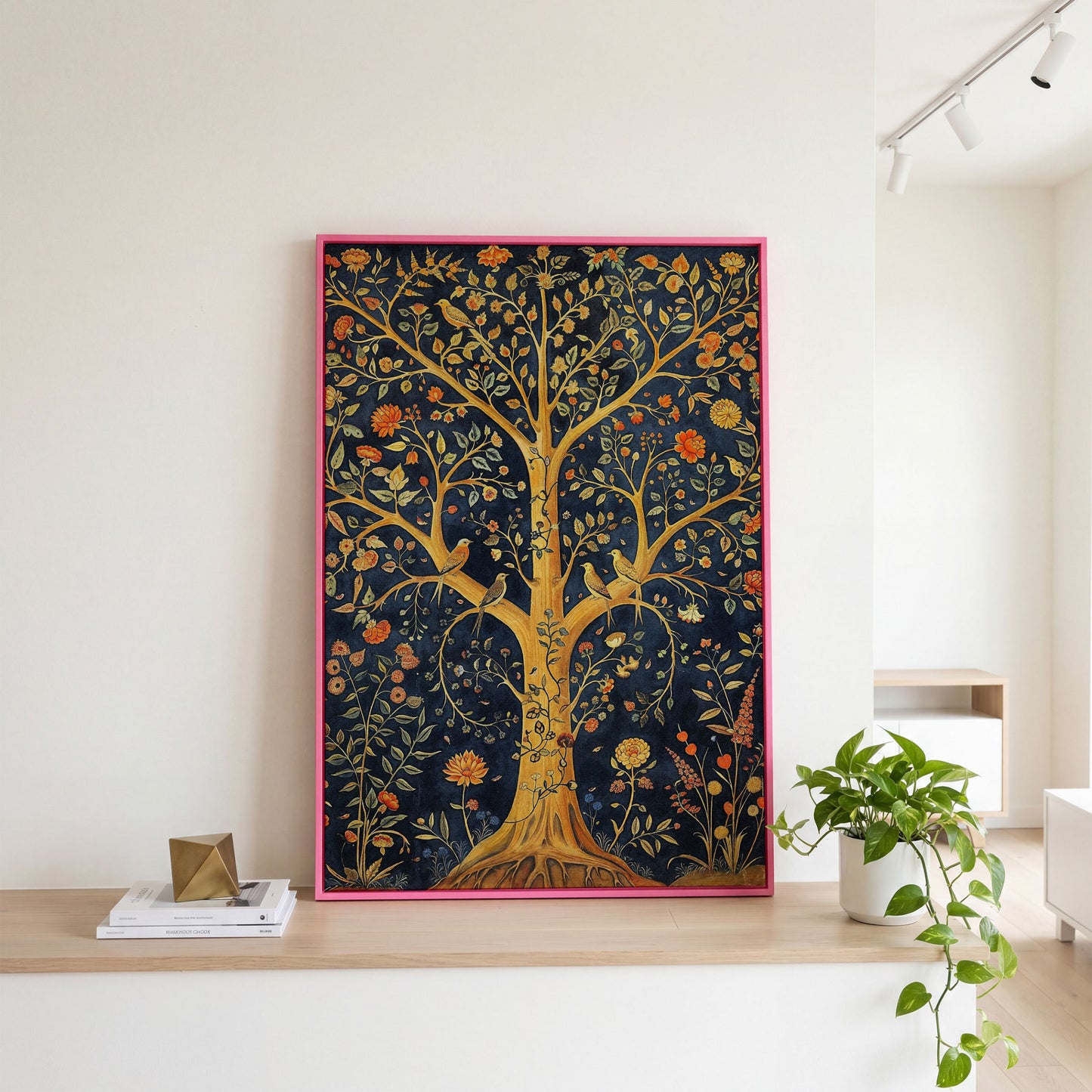 Tree of Life with Birds Canvas in pink floating frame