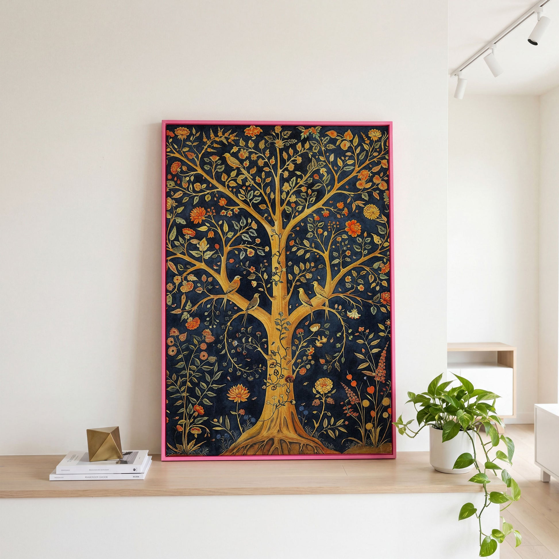 Tree of Life with Birds Canvas in pink floating frame