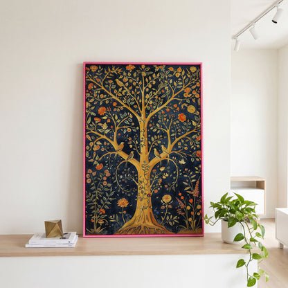 Tree of Life with Birds Canvas in pink floating frame