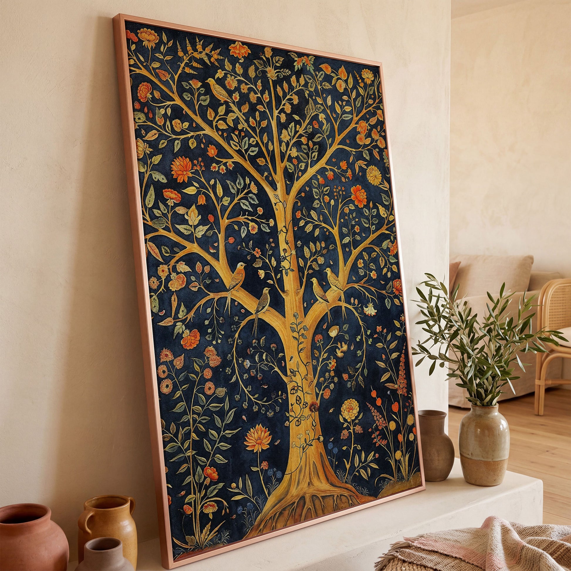 Tree of Life with Birds Canvas in rose gold floating frame