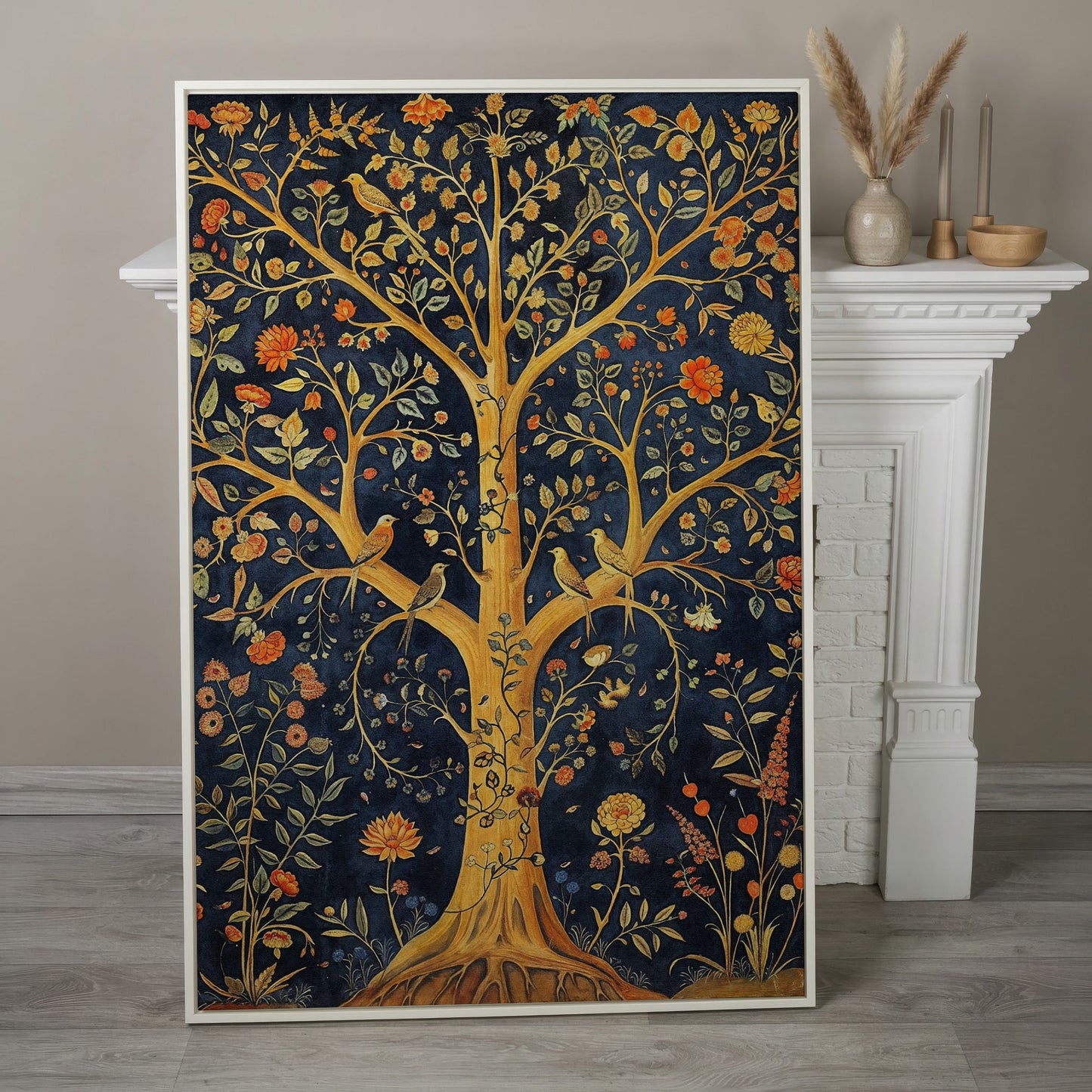 Tree of Life with Birds Canvas in white floating frame