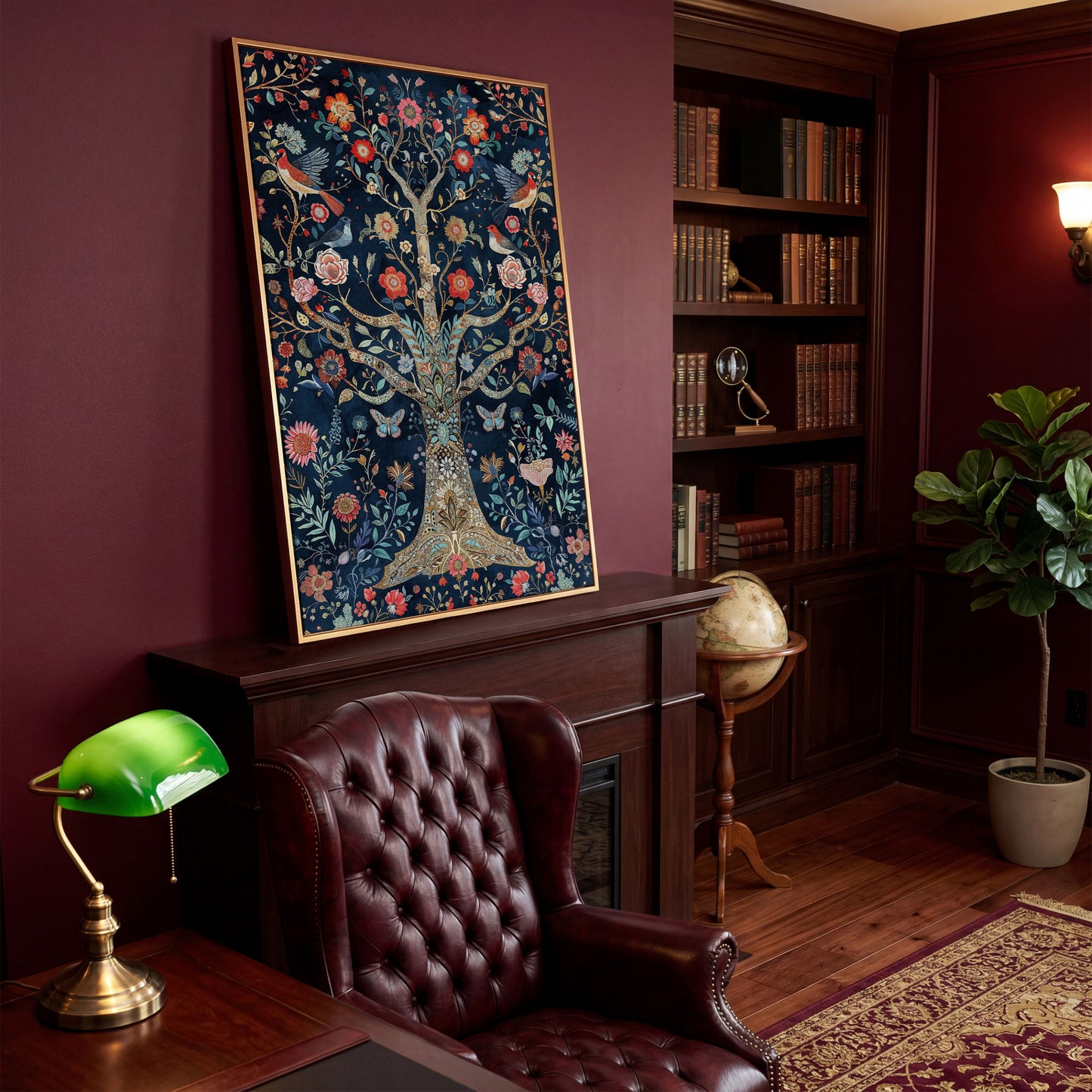 Mystical Flower Tree of Life with Birds Canvas in antique gold floating frame