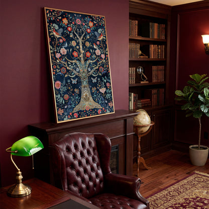 Mystical Flower Tree of Life with Birds Canvas in antique gold floating frame
