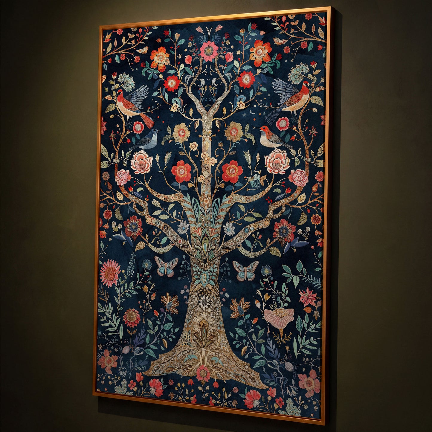 Mystical Flower Tree of Life with Birds Canvas shown in antique gold floating frame
