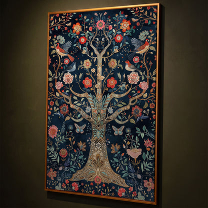 Mystical Flower Tree of Life with Birds Canvas shown in antique gold floating frame