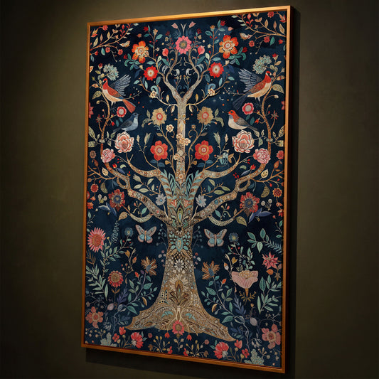 Mystical Flower Tree of Life with Birds Canvas shown in antique gold floating frame