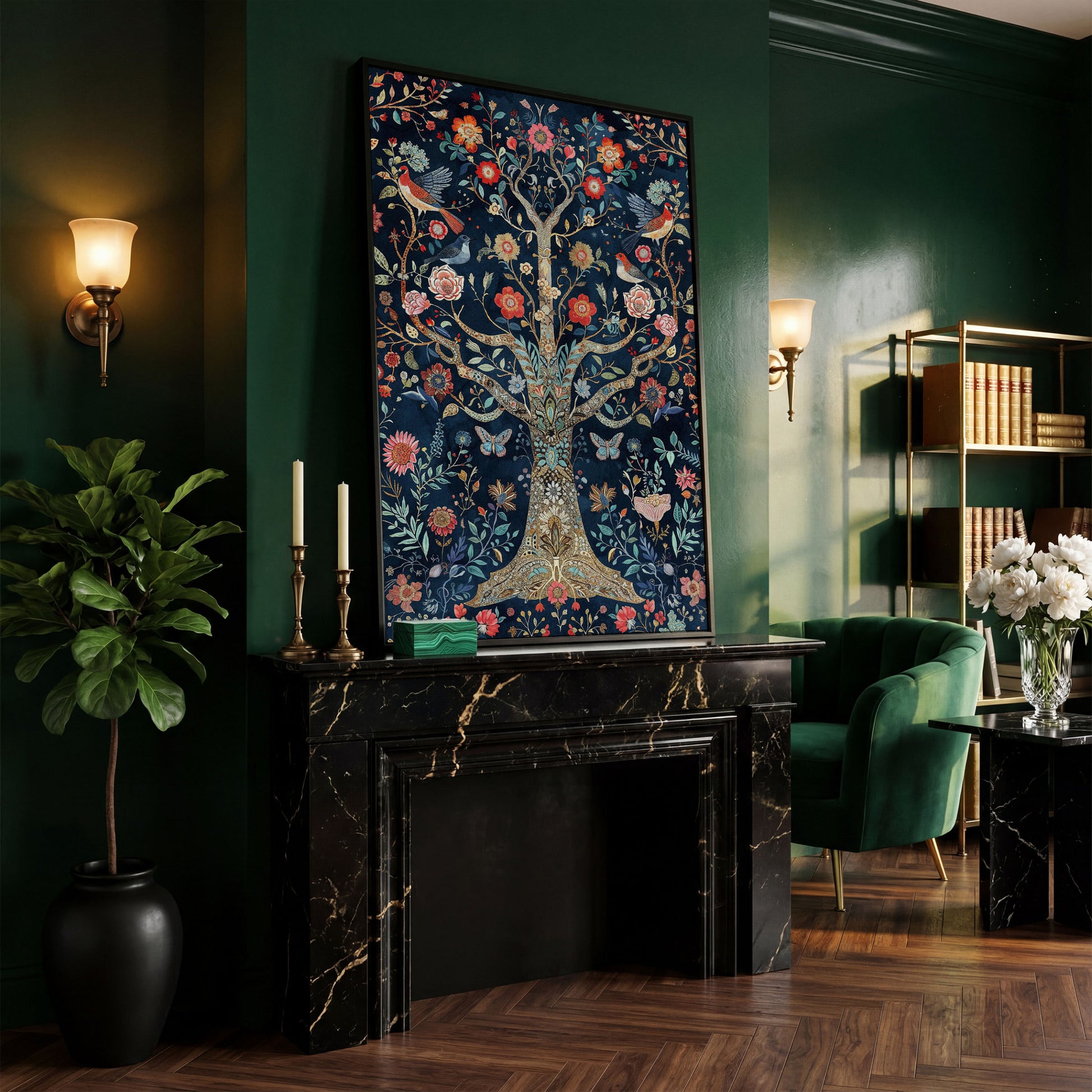 Mystical Flower Tree of Life with Birds Canvas in black floating frame
