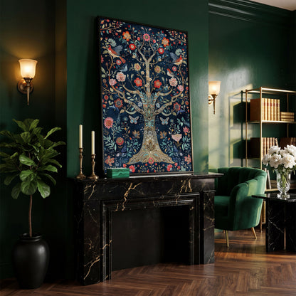 Mystical Flower Tree of Life with Birds Canvas in black floating frame