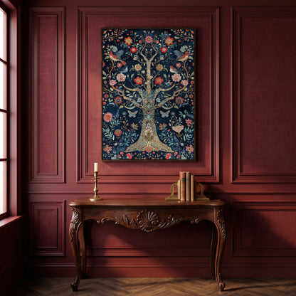 Mystical Flower Tree of Life with Birds Canvas in dark walnut floating frame