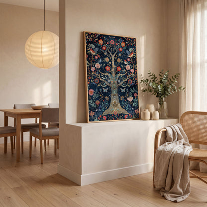 Mystical Flower Tree of Life with Birds Canvas in white oak floating frame